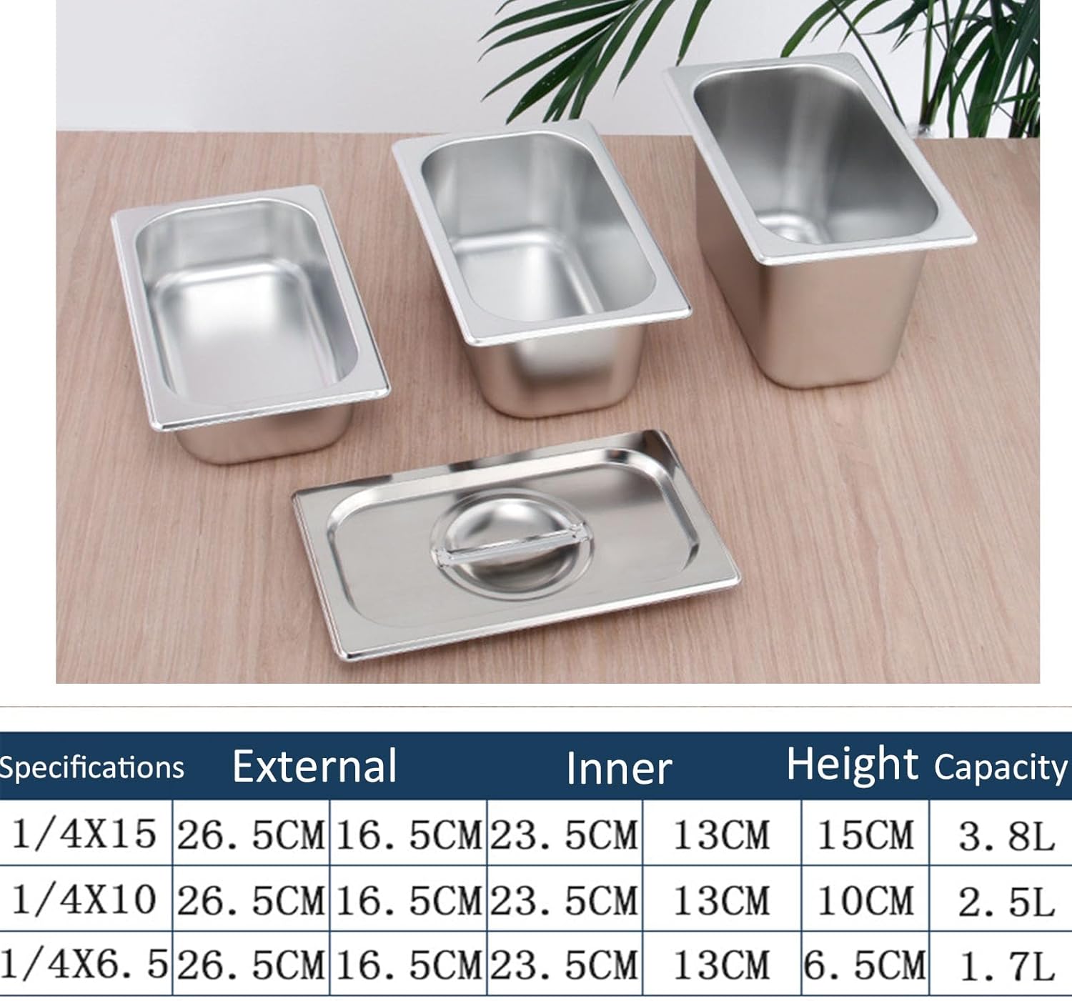 Full Size Deep Restaurant Steam Table Pans Container,Stainless Steel Hotel Buffet Pan,Commercial Cookwares Pan for Food,1/4（26.5 * 16.2cm）,10cm
