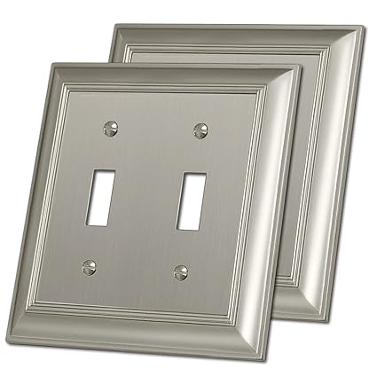 [2 Pack] BESTTEN Grand Collection 2 Gang Satin Nickel Zinc Alloy Toggle Switch Metal Wall Plates Cover, Stainless Steel Light Switch Cover, Corrosion Resistant