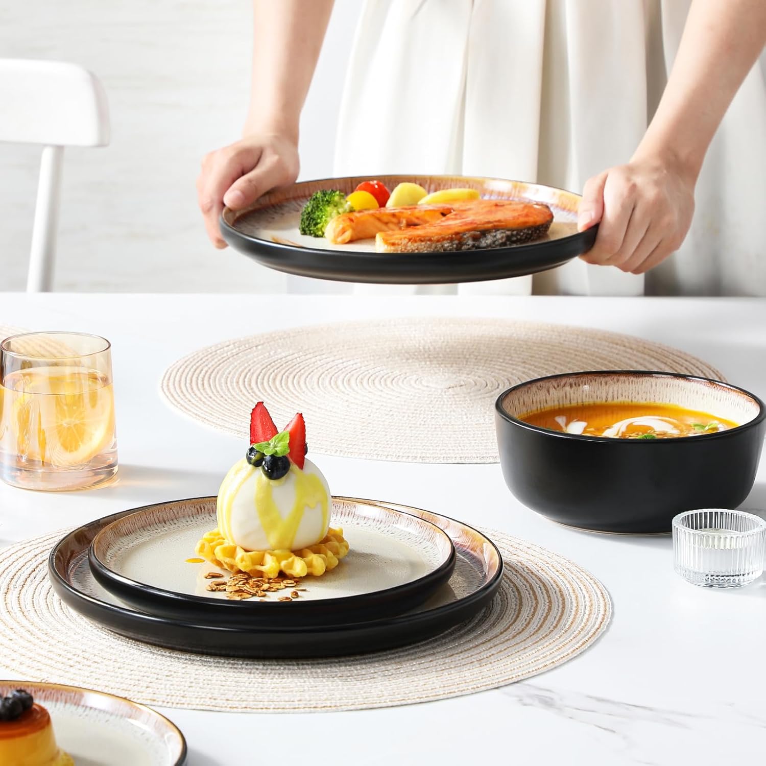 vancasso Plates and Bowls Sets, 24 Pieces Stoneware Dinnerware Sets for 8, Kitchen Dish Set Mircowave and Dishwasher Safe Ceramic Dishware, Light Cream, Series AMBER