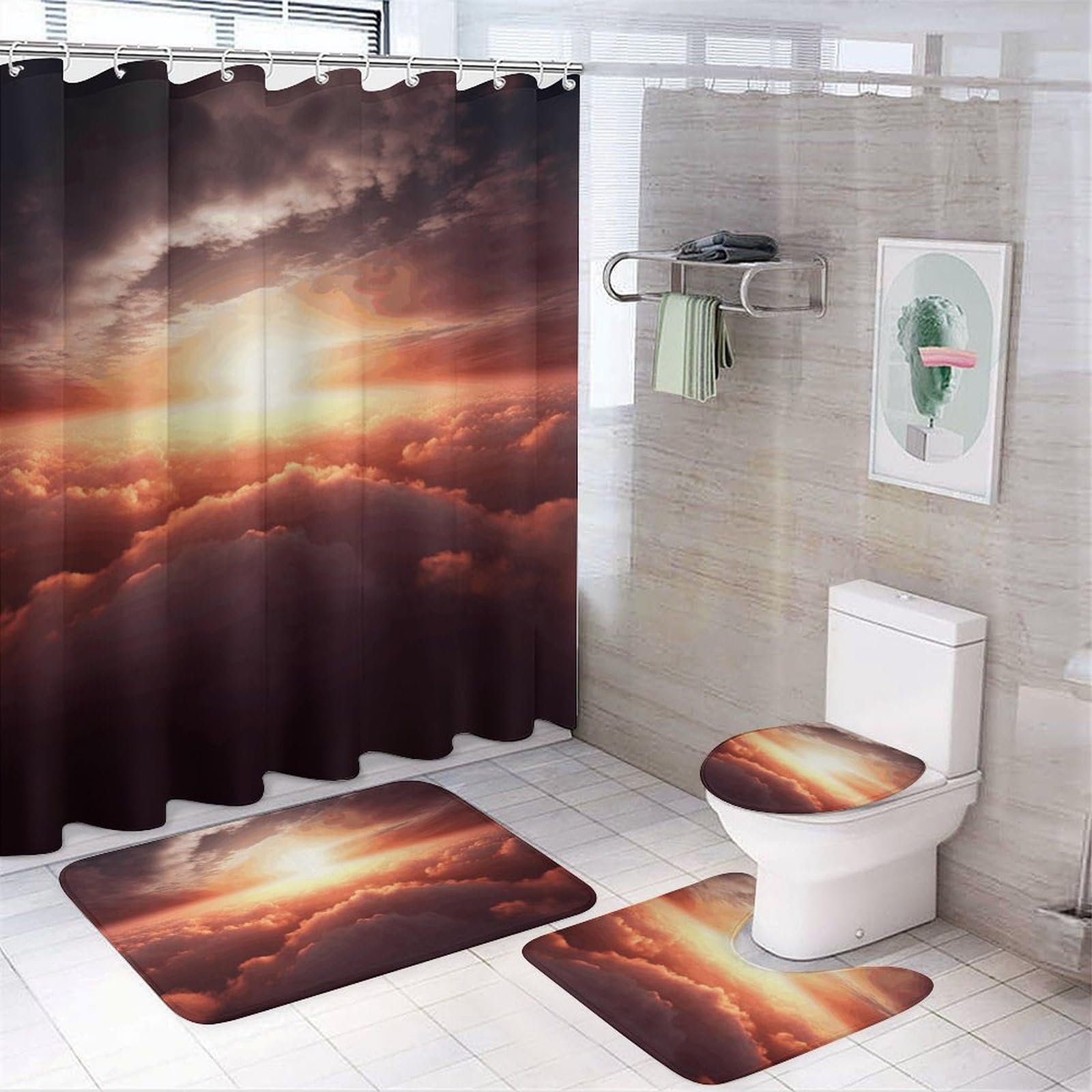 Rideau de douche motif nuage avec tapis antidérapant pour douche et WC