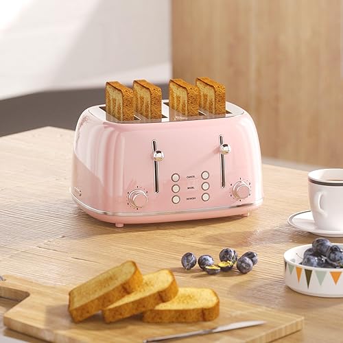 Miniatura 8 de Tostadora de 4 rebanadas, acero inoxidable retro con 6 ajustes de sombra de pan, tostadora de ranuras de 1.5 pulgadas de ancho con funciones de