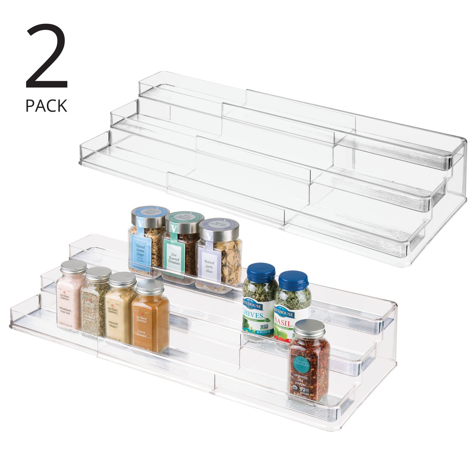 mDesign 2er-Set Gewürzregal für Küchenschrank – ausziehbare Aufbewahrungsmöglichkeit für Ordnung in der Küche – Gewürzständer mit drei Ebenen – durchsichtig