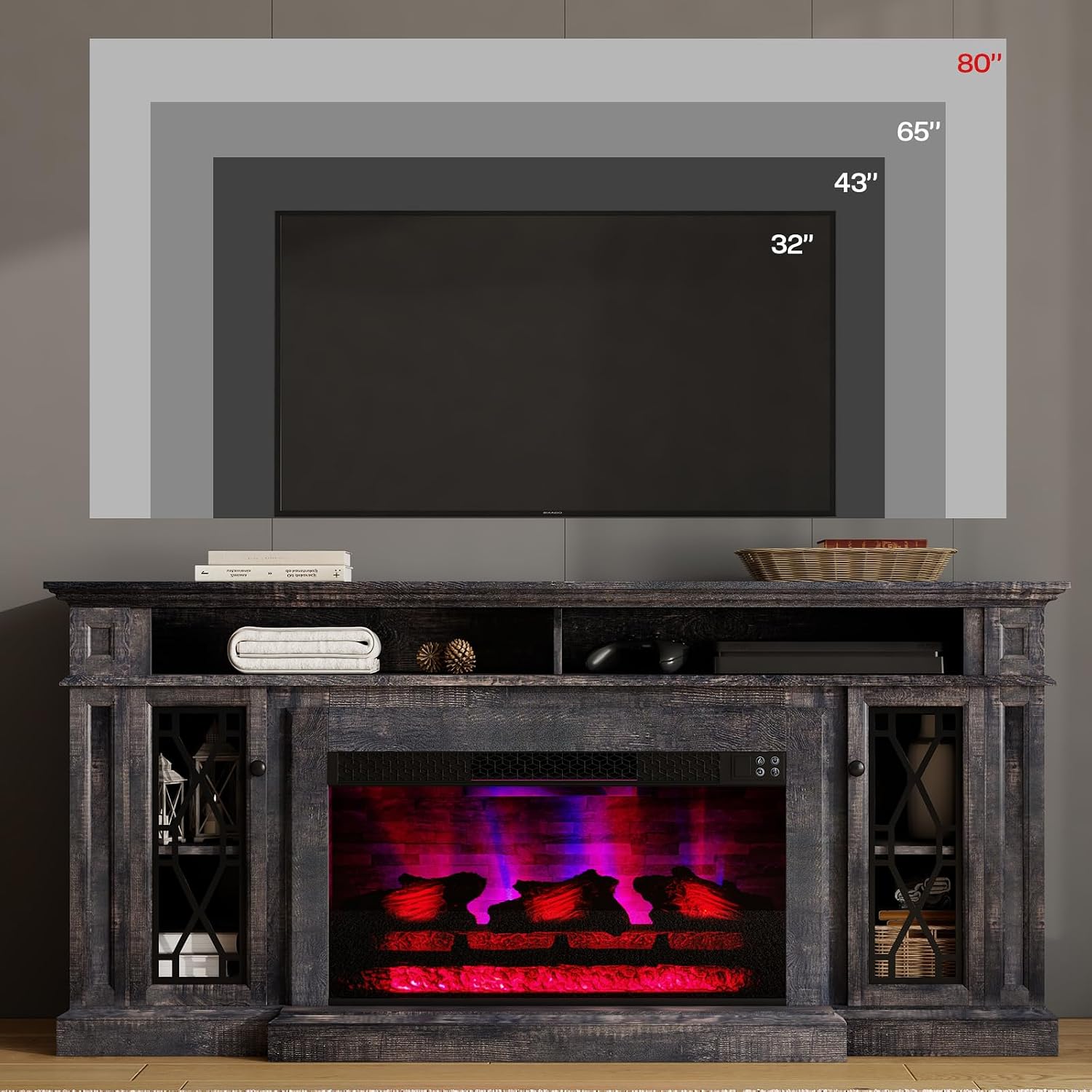 YUMPIE 70" Farmhouse Fireplace TV Stand for TVs Up to 80", TV Console with 33" Electric Fireplace, Media Entertainment Center with Glass Door Cabinets & Adjustable Shelves, Brown