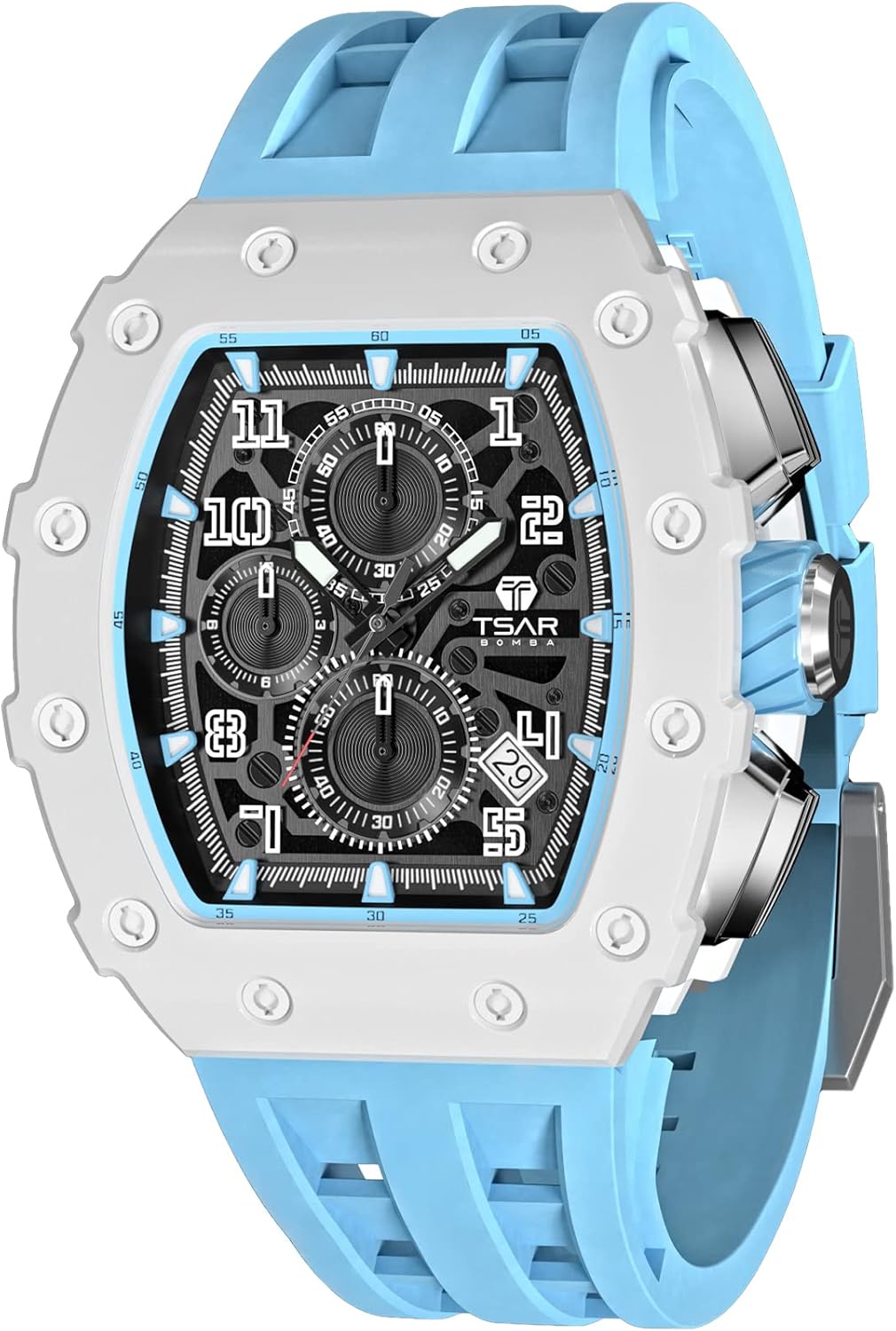 TSAR BOMBA Mens Luxury Watch Watches for Men 50M Waterproof Japanese Quartz Movement Tonneau Stainless Steel Case Sapphire Glass with Chronograph Date Function Cool Unique Fashion Gift