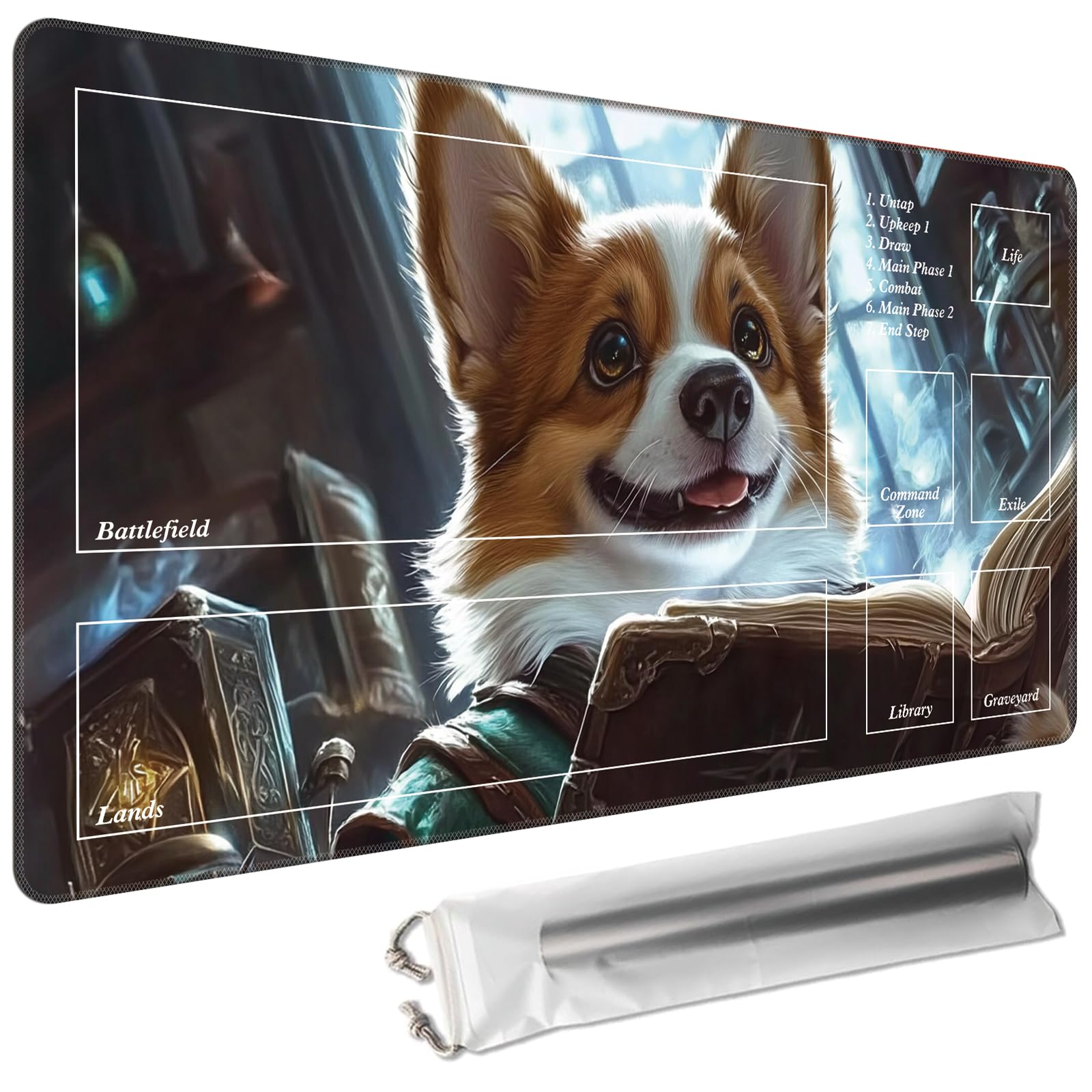 Cdkfxjy MTG Playmat with Magic Zone 24 x 14in Includes Storage Bag,TCG Playmat with Soft Surface Premium Non-Slip Rubber Backing Stitched Edges Durable Gaming Mat,Corgi Wizard Read Book — image 1