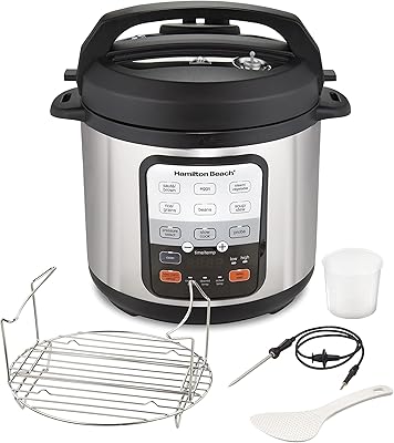 Hamilton Beach 6-in-1 Electric Pressure Cooker with Temperature Probe, Slow Cooks, Sautés, Browns, Steams, Rice Function, Egg and More, 6 Quart Capacity, Stainless Steel 34506