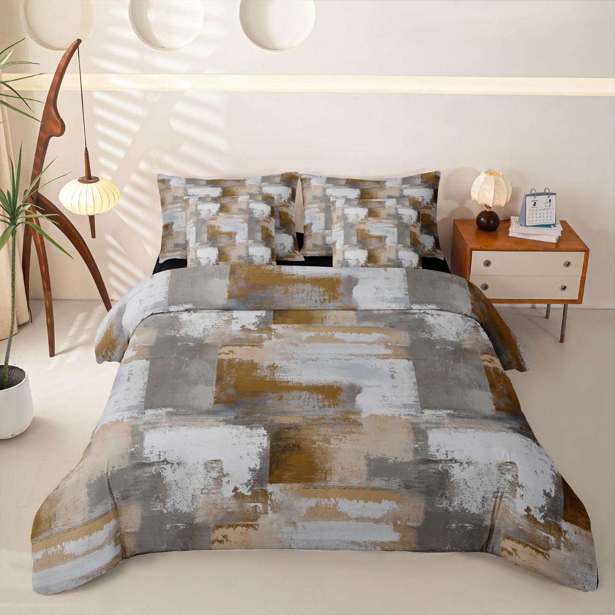 Loussiesd Set di biancheria da letto con copripiumino singolo astratto con lenzuola, per bambini, ragazzi e ragazze, motivo geometrico, marrone, grigio, ombré, 7 pezzi, moderno, sfumato, decorazione
