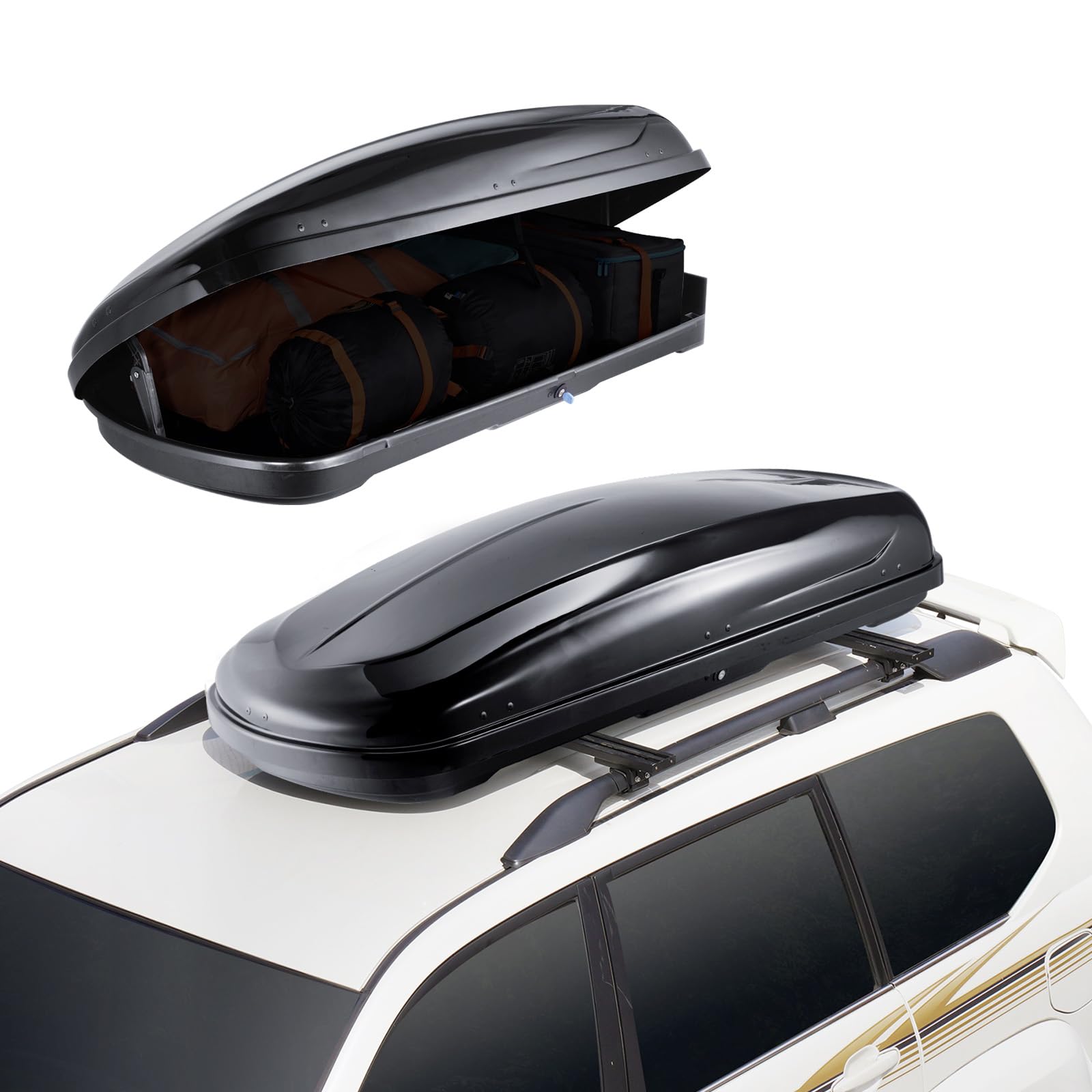 VEVOR Rooftop Cargo Carrier, 14 Cubic Feet Roof Cargo Box, ABS Hard Shell Roof Box, with Dual-Sided Opening and 2 Reinforced Straps, Aerodynamic, Suitable for most Crossbar, for Car, Wagon, SUV, Black