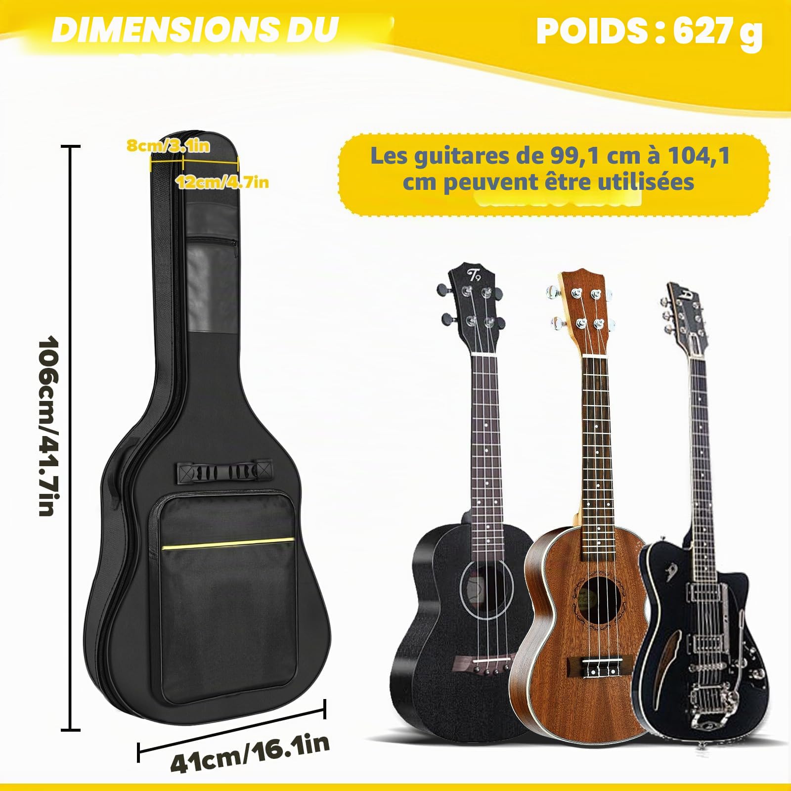 Housse pour guitare de 41 pouces, grande capacité, imperméable, épaisse, résistante à l’usure, convient pour guitares de 99 à 104 cm, noire, 106 * 41 * 8 cm, pour concert