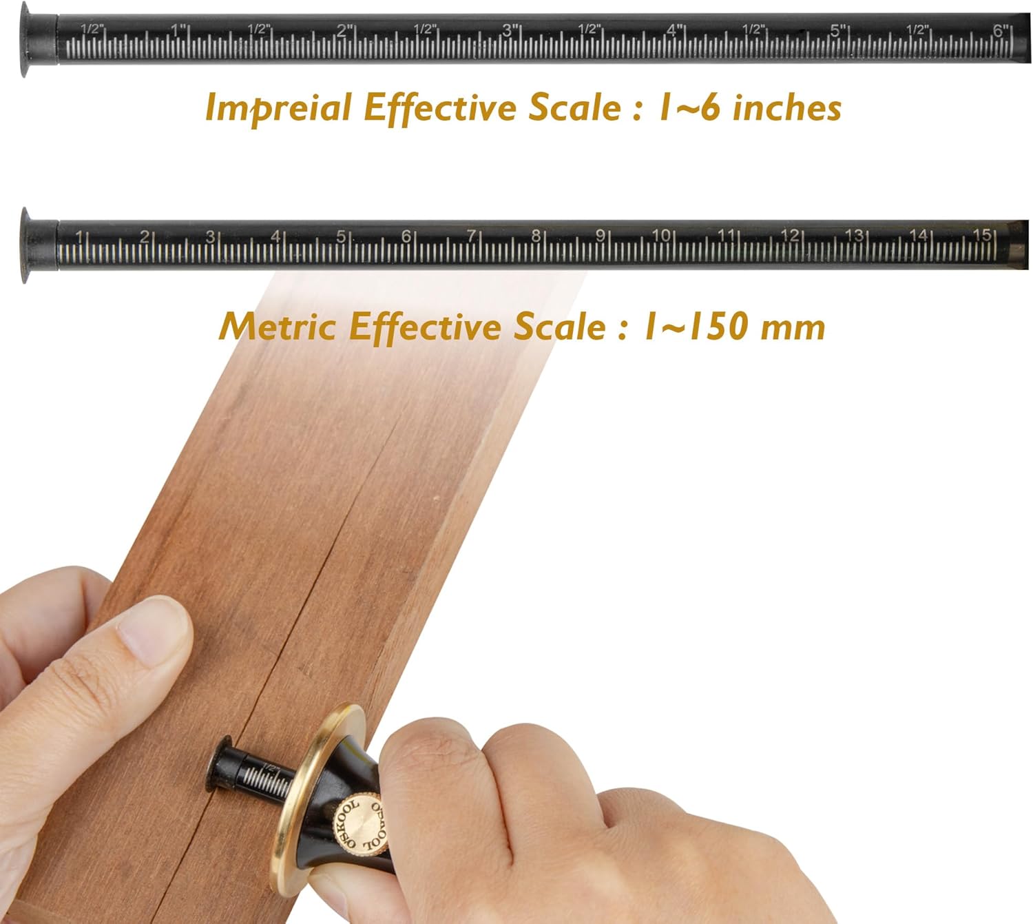 O'SKOOL Wheel Marking Gauge for Woodworking, Precision Scribing Tool with Dual Metric/Imperial Scale, Solid Metal Body, Bearing-Mounted Rolling Cutter, Extra Blade Included, MAM018