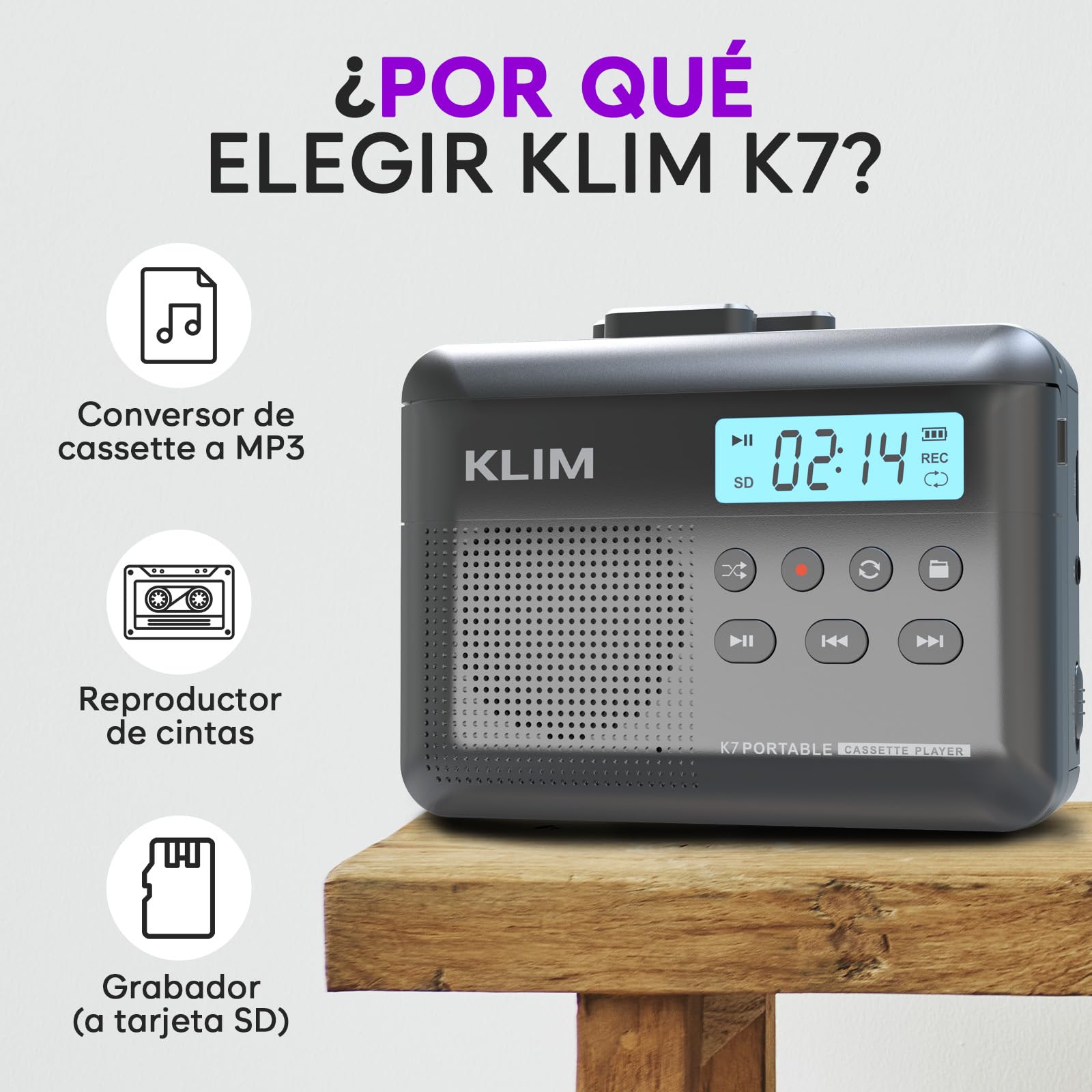 KLIM K7 Reproductor Cassette - Conversor de Cassette a MP3 - Player Portátil con Micrófono y Altavoz Integrados - Batería Recargable - Auriculares - Tarjeta SD 16 GB - Ceniza