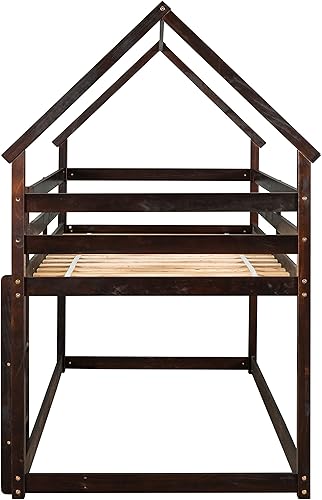 Miniatura 15 de Litera baja individual sobre individual, base de cama de madera maciza con escalera y barandillas de seguridad, literas individuales para niños y