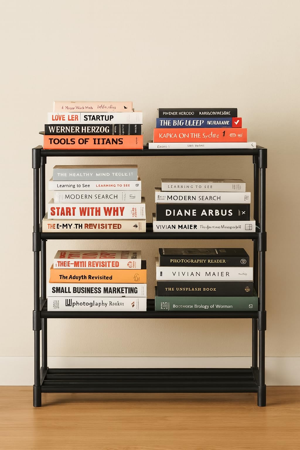 PRIMIZA 4-Tier Black PVC Plastic Bookshelf, Industrial Style Storage Rack, Open Shelving Unit