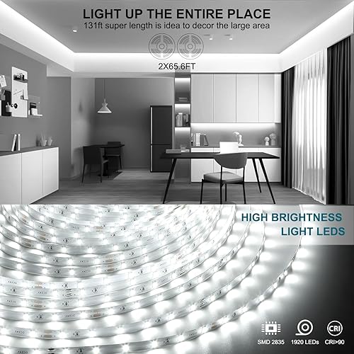 Miniatura 3 de Tira de luces LED blancas, tira de luces LED regulables de 24 V de 131 pies, 6500 K, luz blanca brillante, cinta de luces flexibles para