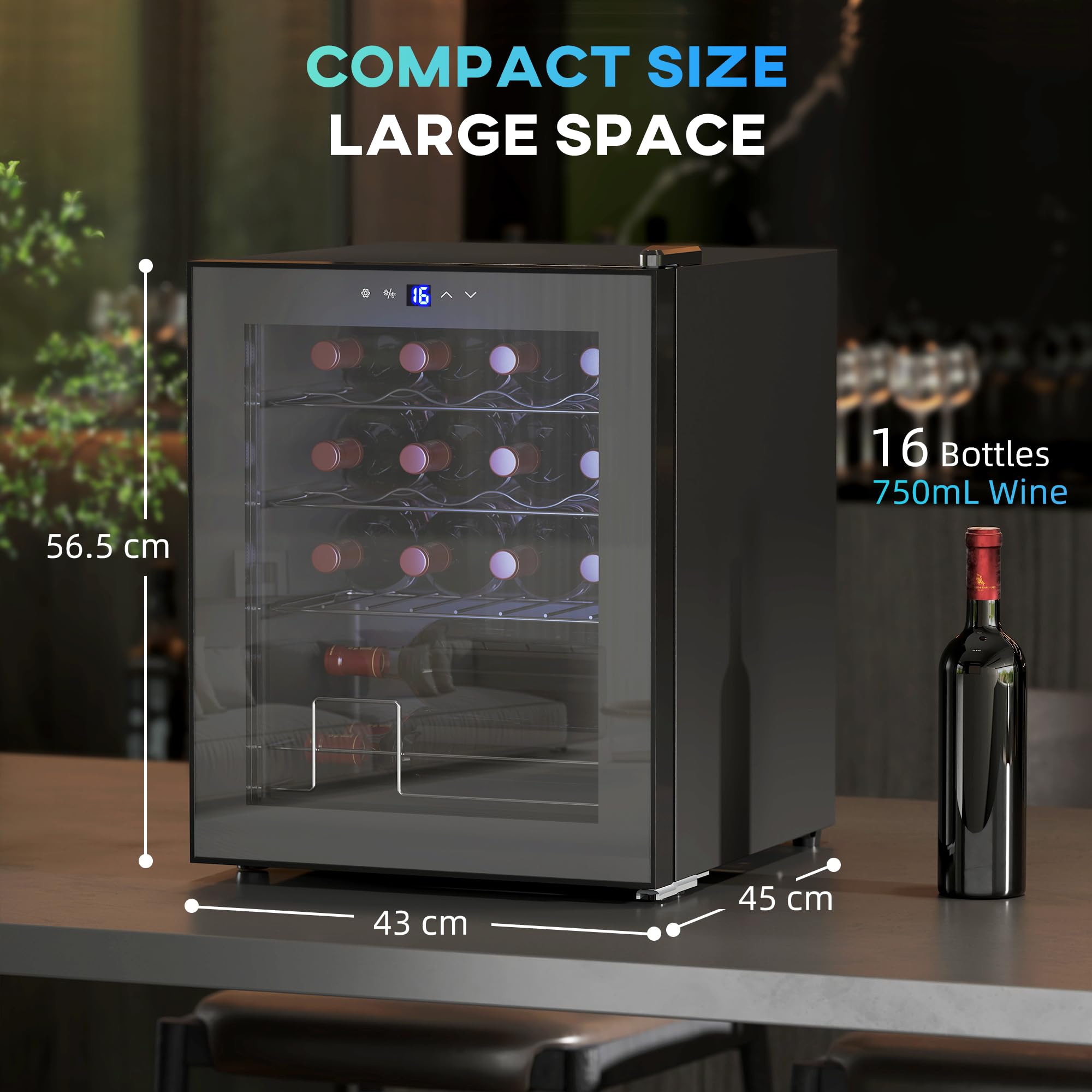 HOMCOM 42L Wine Cooler, 16 Bottles, 5-18° Freestanding Wine Fridge with Glass Door, LED Light, Temperature Control and Digital Touch Screen, Black — view 7