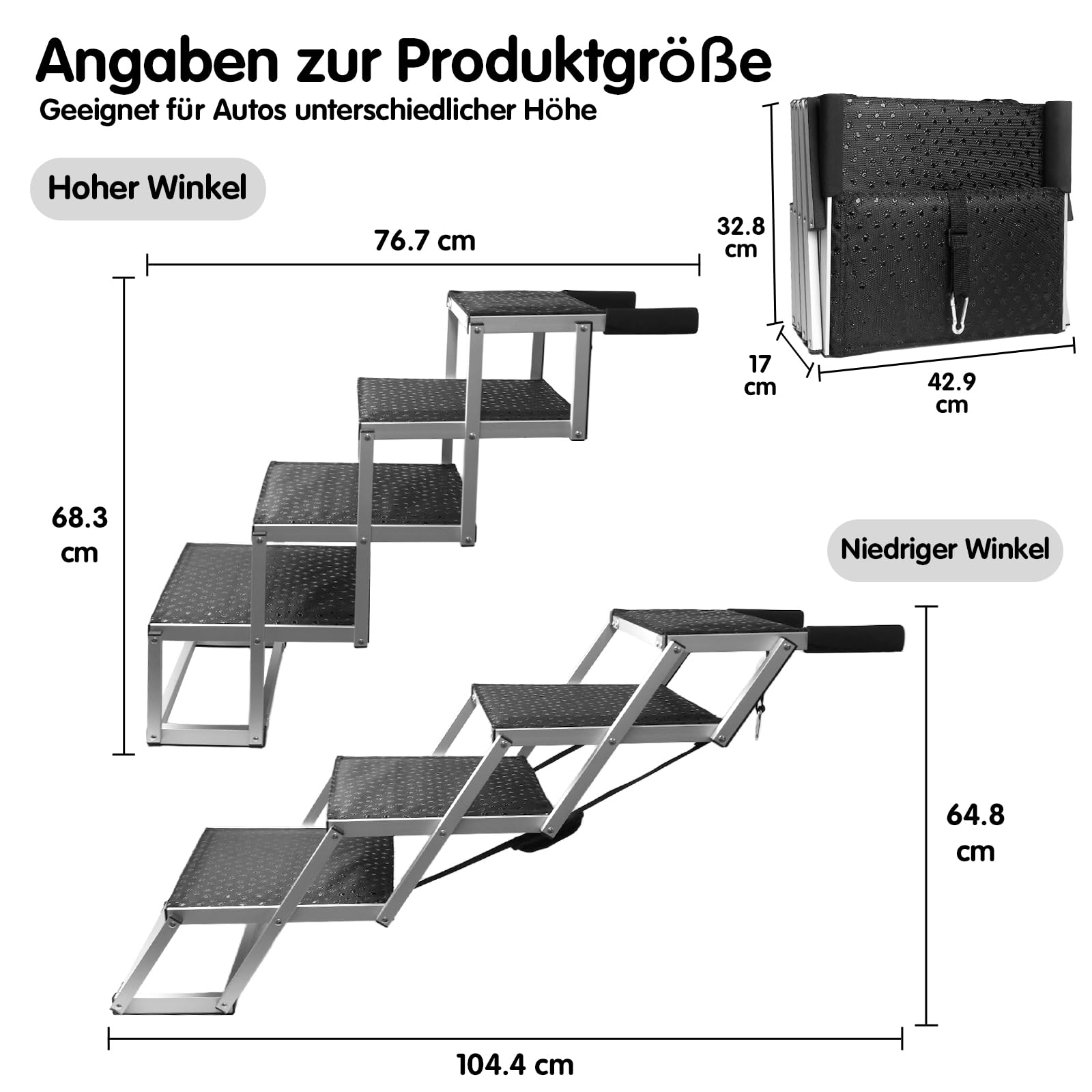 Hundetreppe Auto, 4 Stufen Hunderampe Auto klappbar, Einstiegshilfe Hund Auto für alle Fahrzeuge nutzbar, Höhenverstellbar, Belastbar bis 80 kg