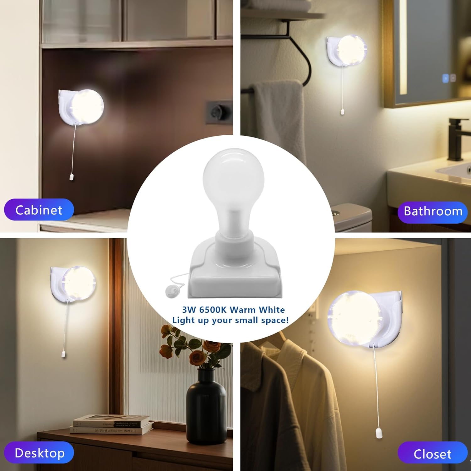 Stick-Up Light Bulb for Closet, 4Pack Battery Operated LED Light Bulb with Pull Chain, Wireless Self Adhesive Wall Mounted Lamp Fixtures for Cabinet Bedroom Living Room Kitchen, Clear Cover