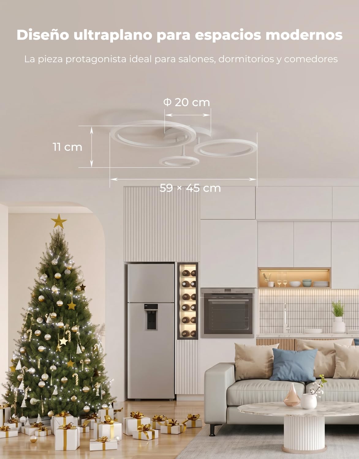 Lámpara de Techo Inteligente LED (19W, 1900LM), Plafón Moderno 3 Anillos, Compatible con Alexa/Google Home/App. Luz Techo Regulable (3000K-6500K) para Dormitorio, Habitación, Blanco