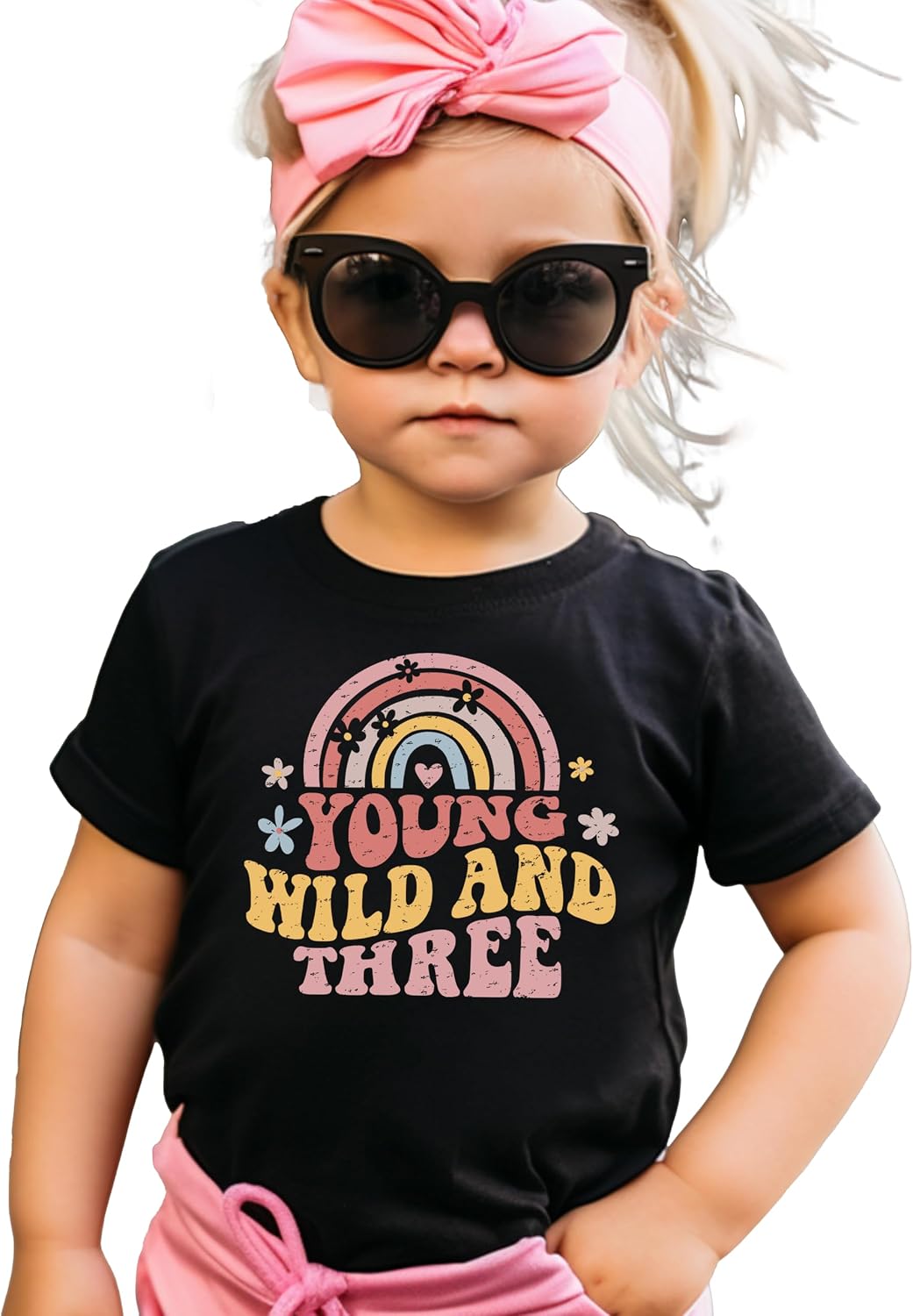 Young Wild Three Retro Rainbow Adorable 3rd Birthday Shirt for Infant Baby Toddler Girl Third Birthday Outfit