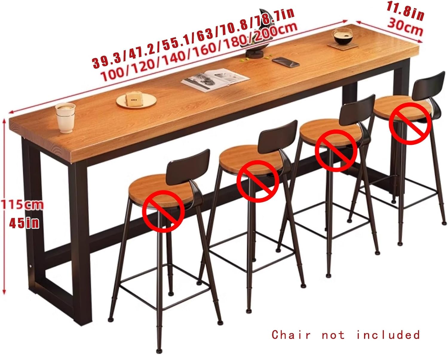 Industrial Narrow Bar Table, Rectangle Solid Wood Bar Height Table, 78in (39.3in L x 11.8in W x 45in H), 4 Seater, Black