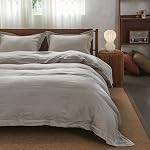 Simple&Opulence 100% Linen Duvet Cover Set 3pcs Stone Washed Embroidery Border Solid Color French Flax Soft Breathable Bedding with Button Closure (King, Dusty Blue)