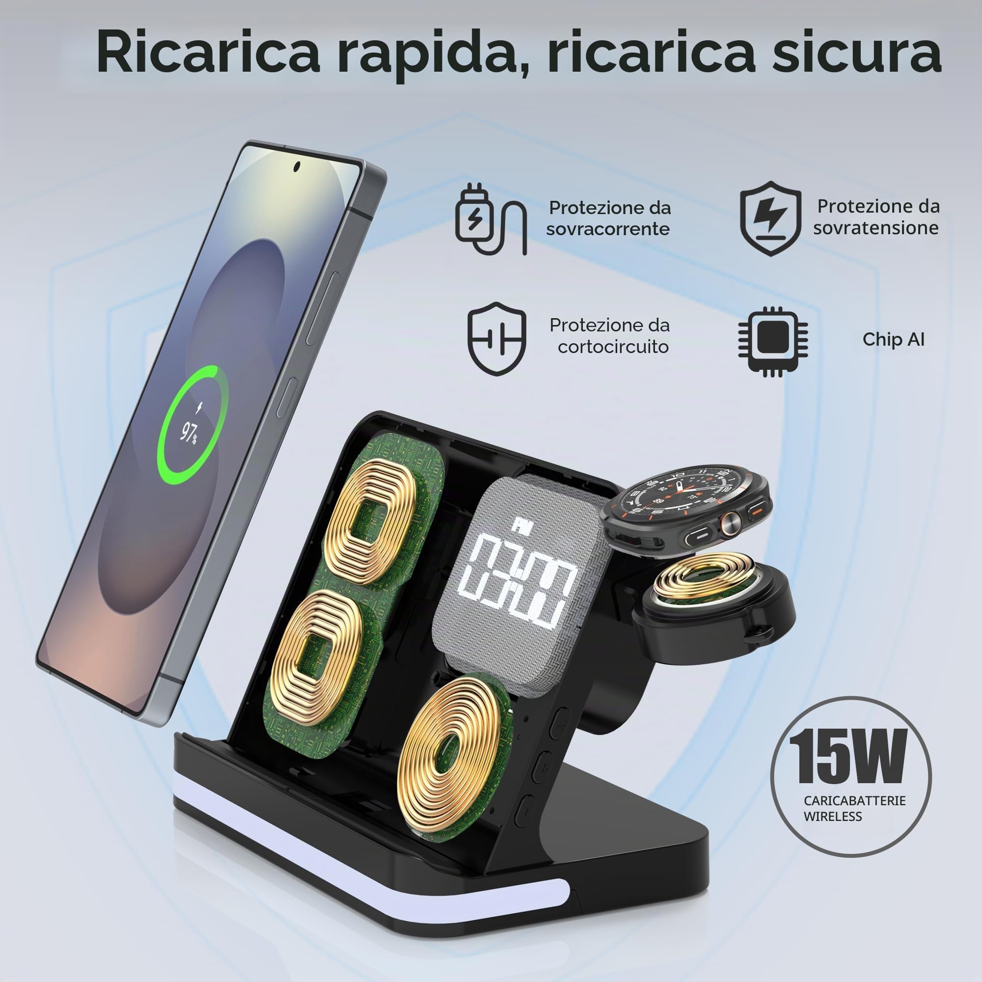 Stazione Ricarica per Samsung, 4 in 1 Wireless Sveglia Luce LED: Caricatore Comodino Rapido Compatibile Galaxy S25, Watch 7/Ultra/6, Buds 3 Pro