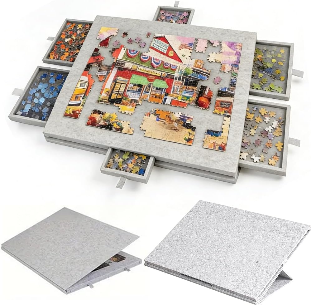 Stół do puzzli z 6 szufladami, 1000 elementów, stół puzzli ze stojakiem 2 w 1 i pokrywą (biały)
