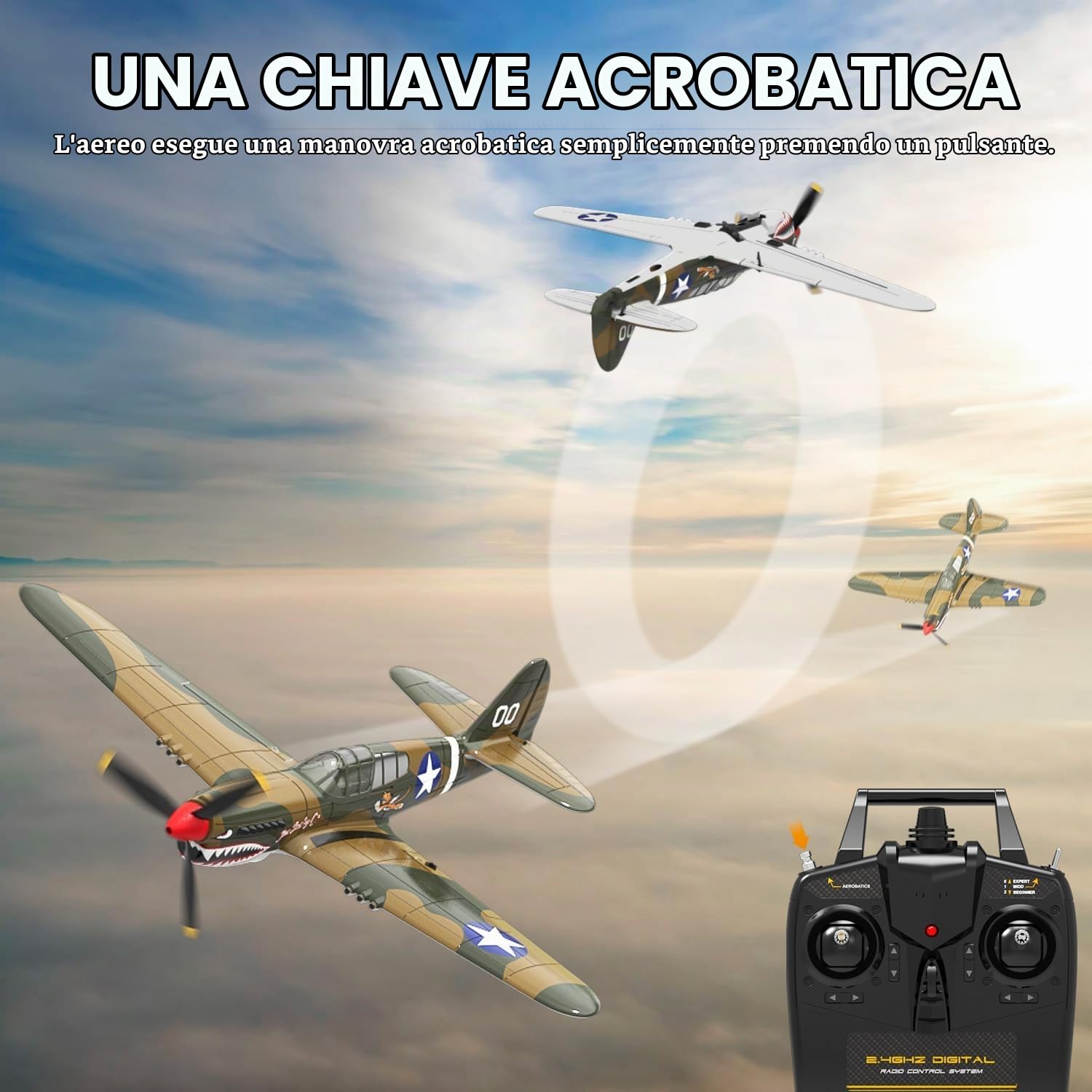 volantexrc Aereo Telecomandato P40 Warhawk V2, 4 Canali 2.4GHz con Giroscopio 6 Assi, Modello RTF Pronto a Volare, Ideale per Adulti, Aereo da Caccia Elettrico con Stabilizzatore Automatico