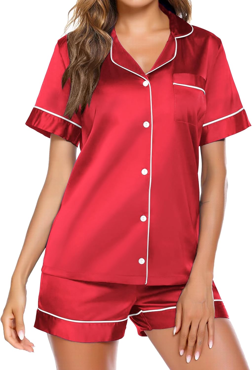 Ekouaer Pajamas for Women Set Silk Satin Pjs Button Down Sleepwear Summer Loungewear Top and Shorts Lounge Set S-XXL