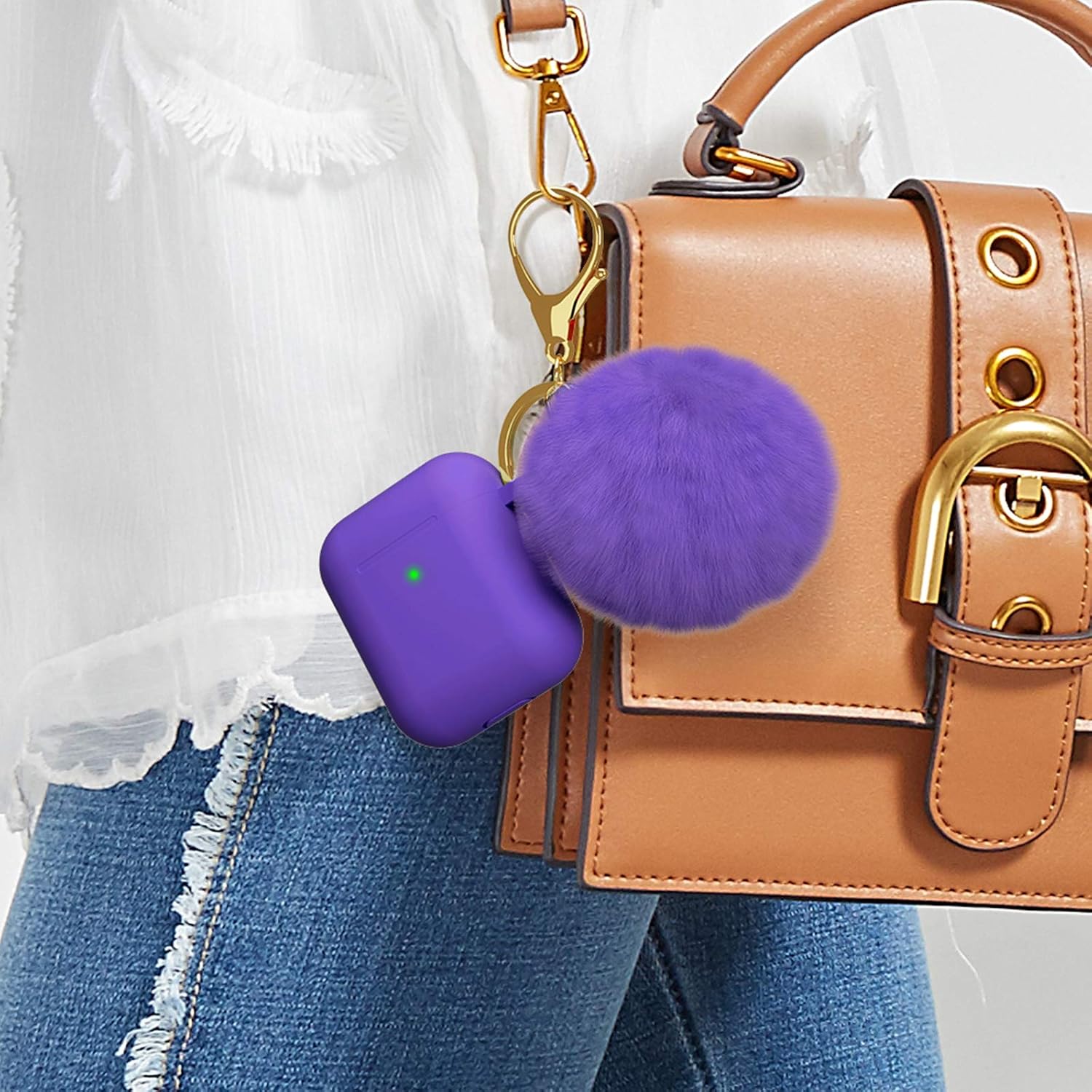 BRG for AirPods Case,Soft Cute Silicone Cover for Apple Airpods 2 & 1 Cases with Pom Pom Fur Ball Keychain/Strap/Accessories for Women Girls (Front LED Visible) Deep Purple
