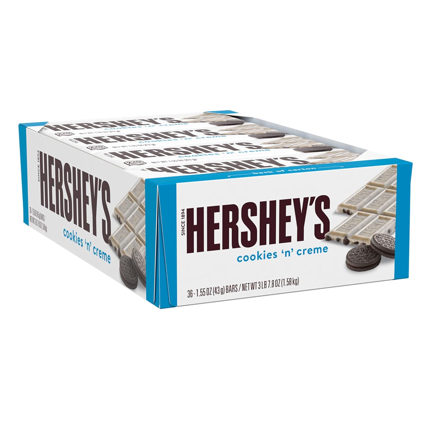 HERSHEY'S Cookies 'n' Creme Candy Bars, Full Size 1.55 oz, 36 Count Bulk - Kosher White Creme & Crunchy Cookies