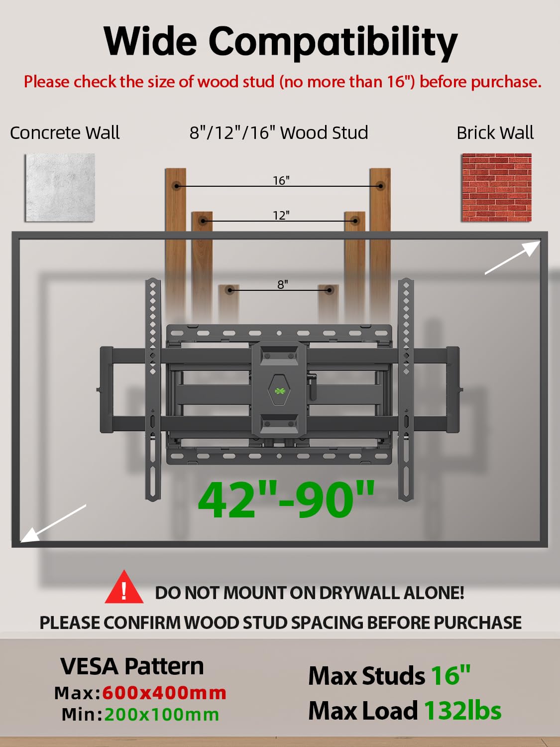 USX Mount Full Motion TV Wall Mount for Most 42-90" TV Holds up to 132lbs — Amazon image 2
