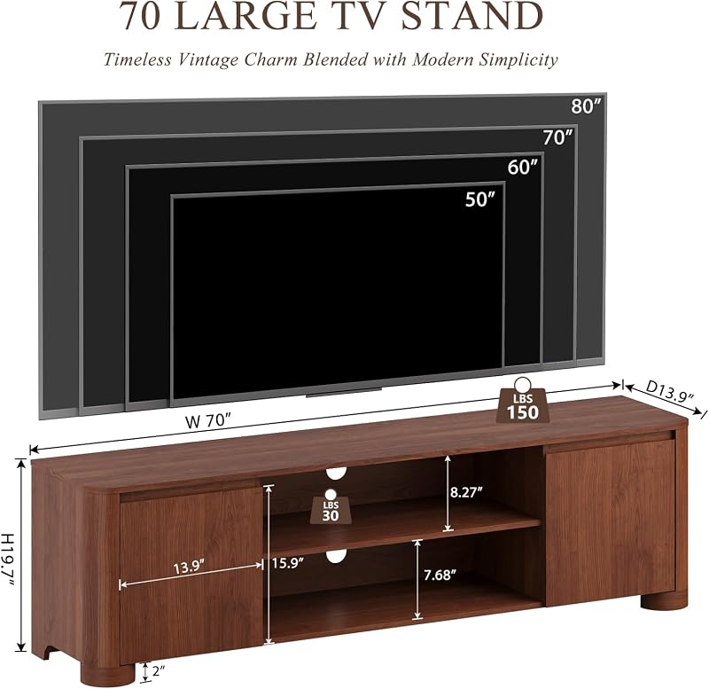 YANSNWO 70" TV Stand for TVs Up to 80" with Rounded Corners, Walnut image 2
