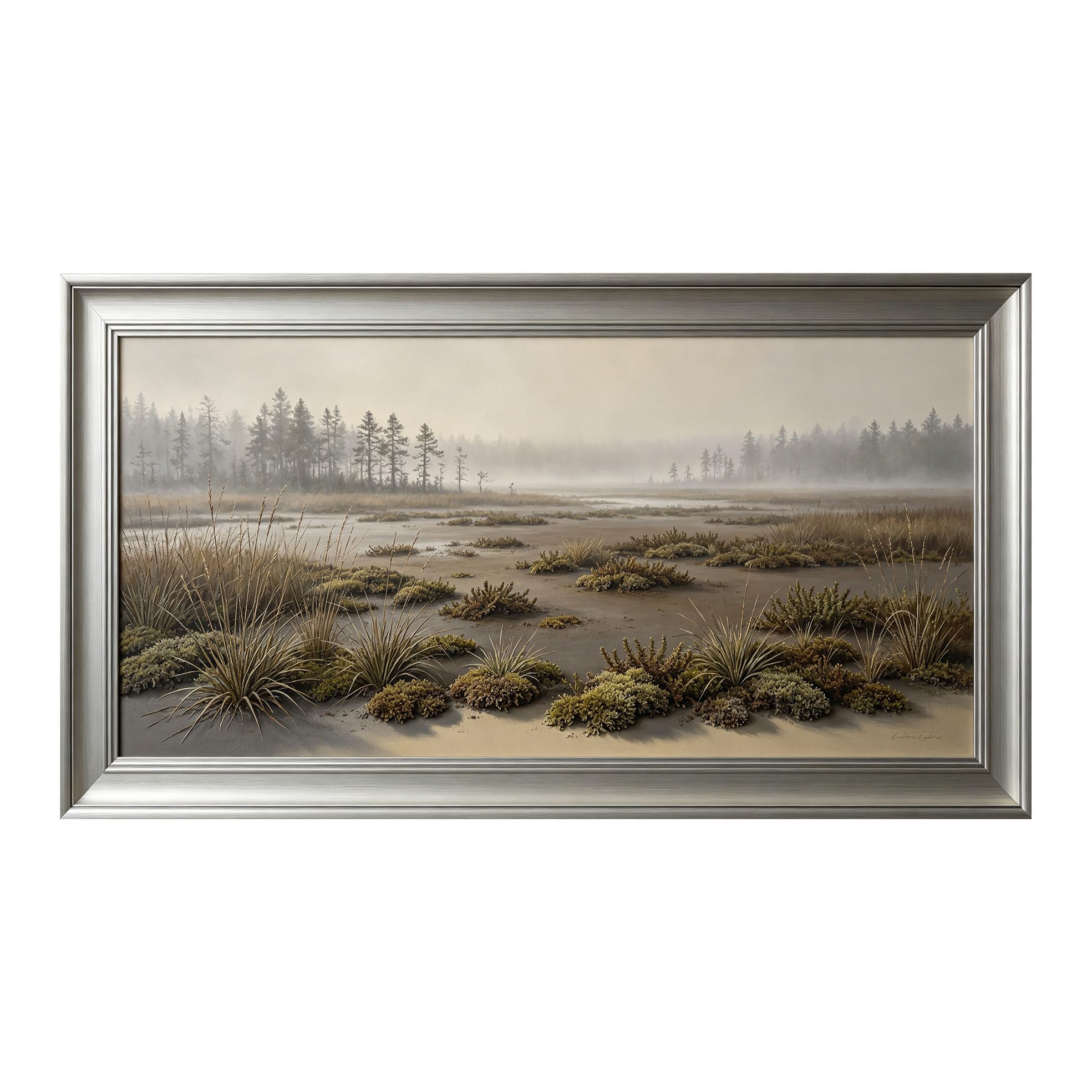 Yzpallescene 3D Framed Wall Art 50cm×100cm Misty Wetland Meadow Landscape Watercolor Panoramic Large Size SelfAdhesive Removable Wall Decor Prints Artwork for Living Room Bedroom Office
