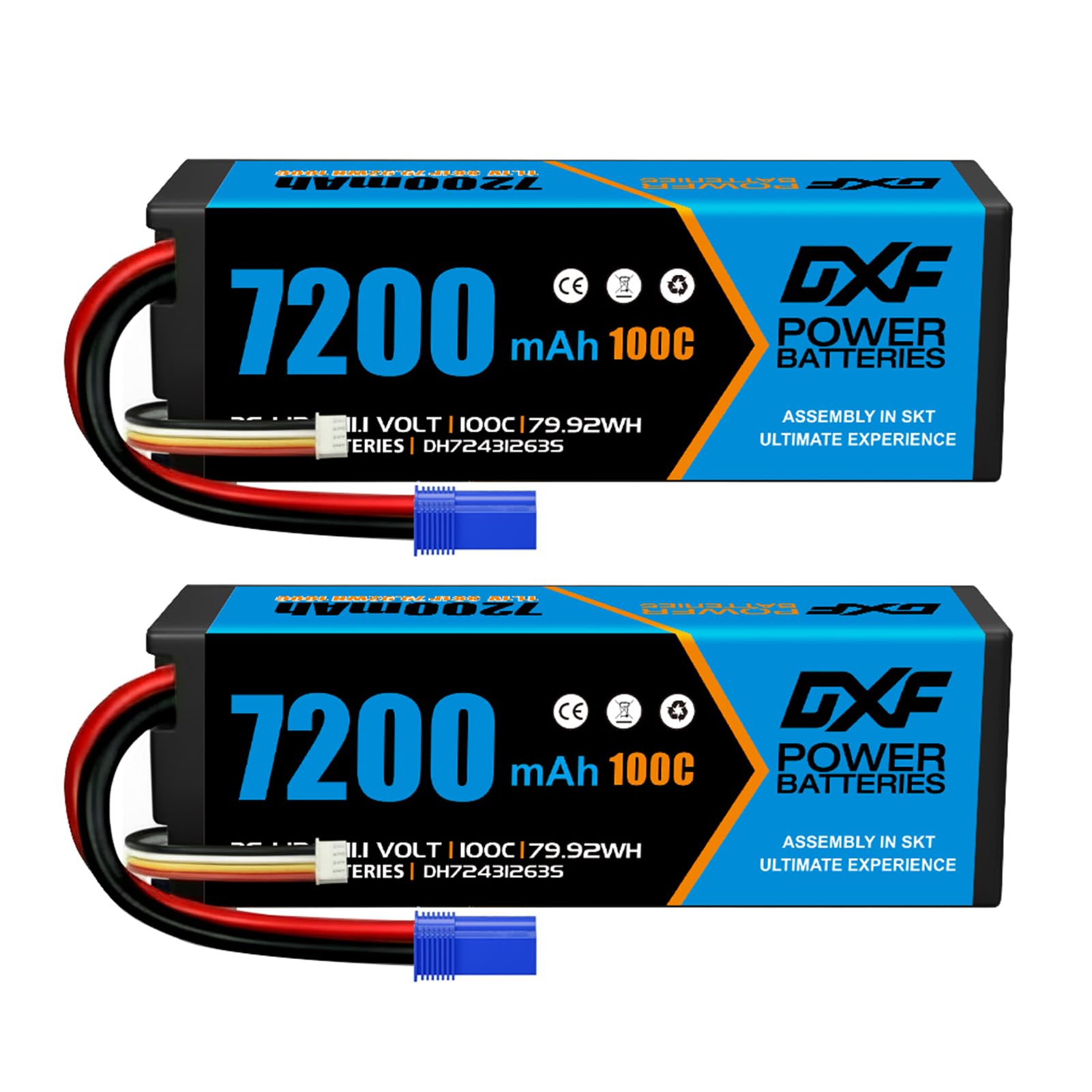 DXF Batteria 3S Lipo 11,1V 100C 7200mAh rigida con spina EC5 per RC Car,RC Truck, RC Auto Barca, Camion Truggy Hobby (2 confezioni)