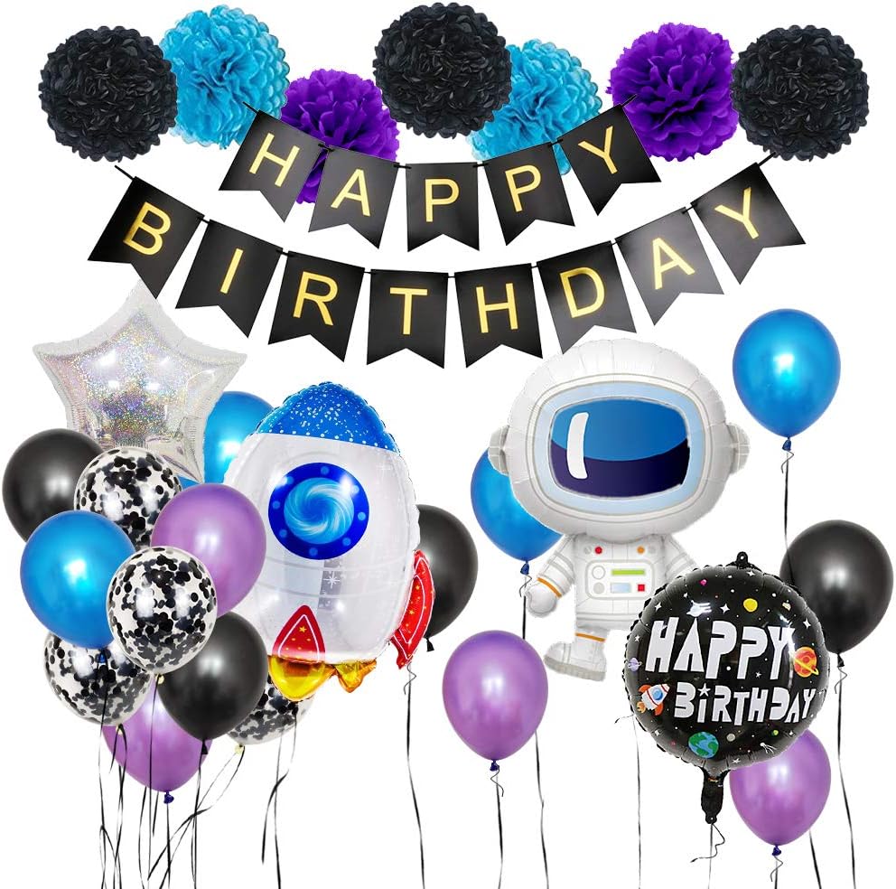 Astronaut Rocket Balloon Kit with Black Blue Purple Balloon Outer Space Theme Planet Themed Party Supplies Birthday Galaxy Theme Party Decor