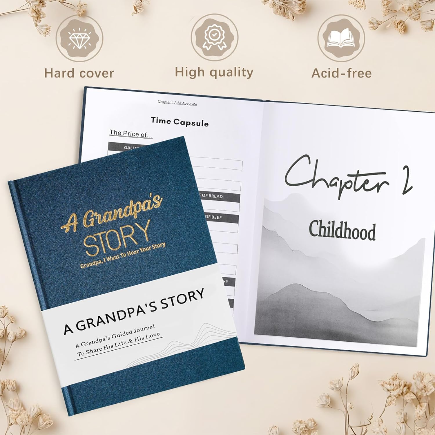 Artmag Grandpa's Life Story Journal Family Keepsake Book Linen Hardcover for Grandpa to Share His Memories, with 250+ Prompt Questions Gift for Birthday Father's Day Christmas (Blue) - Image 3