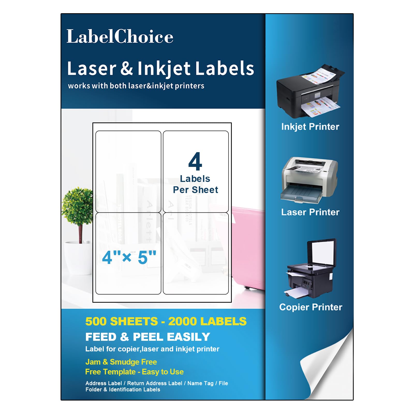 Labelchoice 500 Sheets 2000 Labels 4"x5" 4 Up Shipping Address Labels for Laser & Inkjet Printers, Permanent Adhesive 4 per Page Shipping Stickers