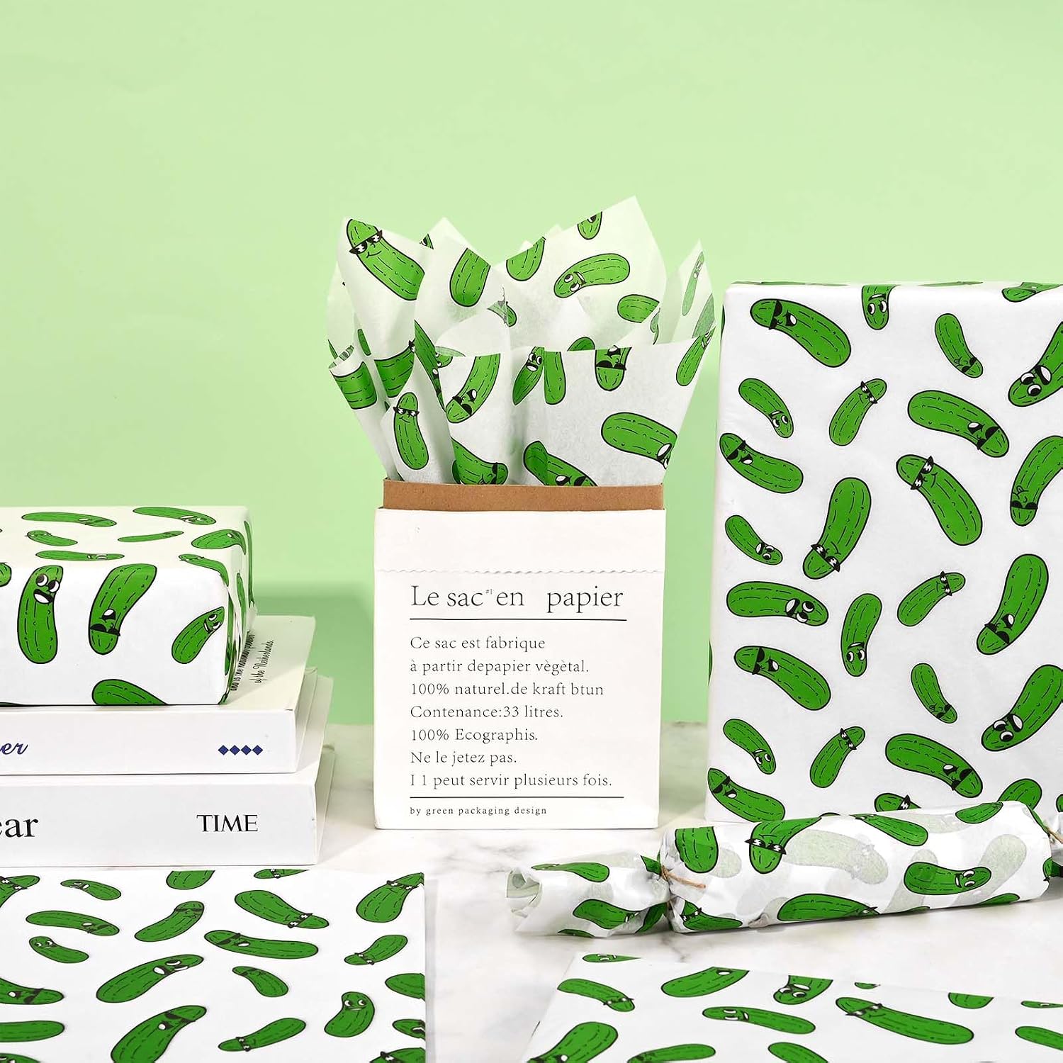 100 Sheets Pickle Tissue Paper Cartoon Funny Pickle Gift Wrapping Paper for Birthday Party DIY Craft,14 x 20 Inches