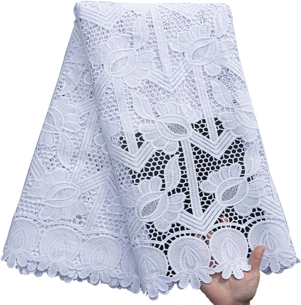 African Lace Fabric 5 Yards, French Jacquard Embroidery Water Soluble Solid White Lace Fabric for Party Wedding Dress