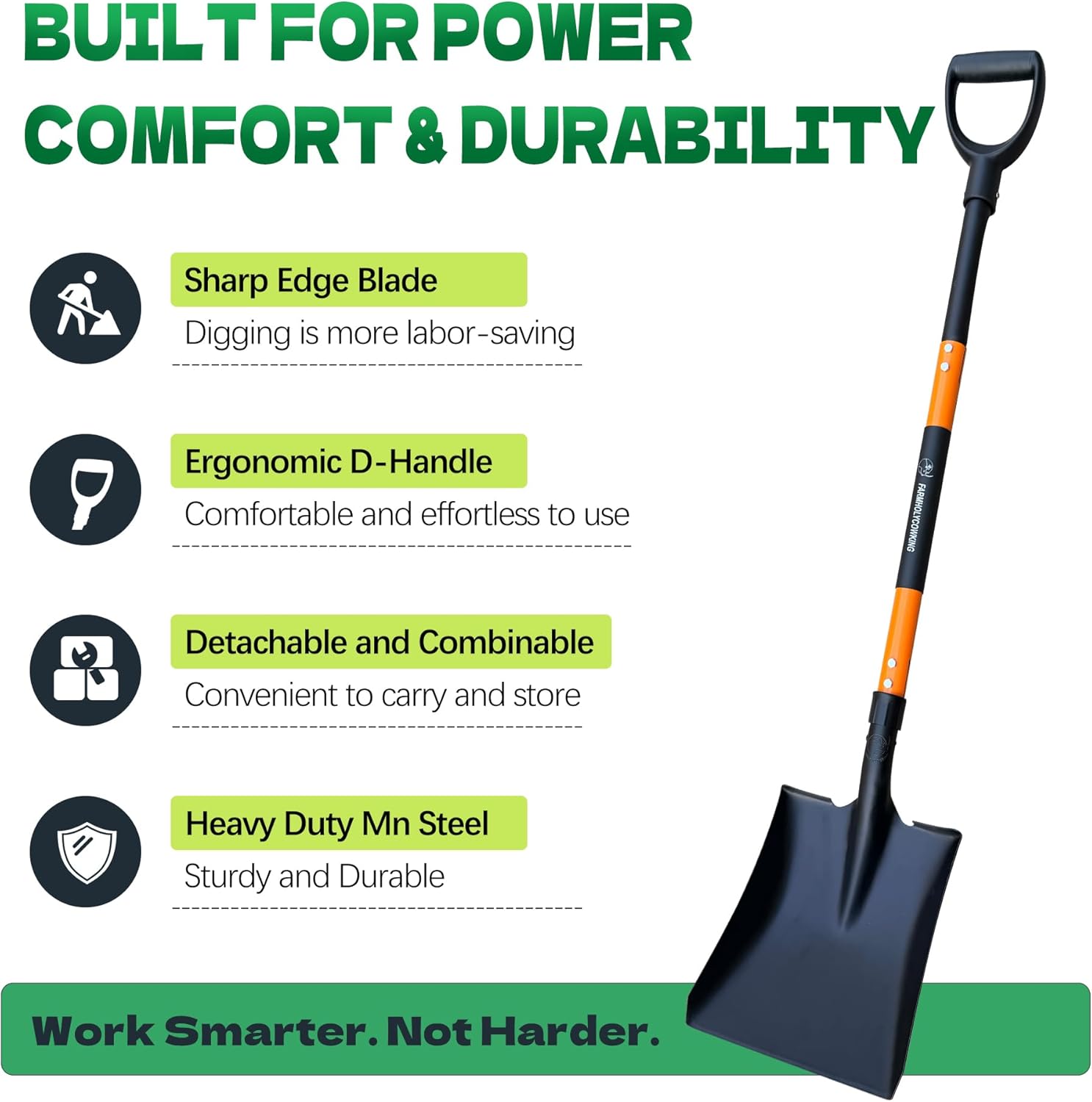 Heavy Duty Steel Flat Shovel–Square Head Shovel with Detachable D-Handle and Anti-Slip Grip, 47 Inch Flat Shovel for Landscaping, Square Shovel for Gardening, Transfer Shovel