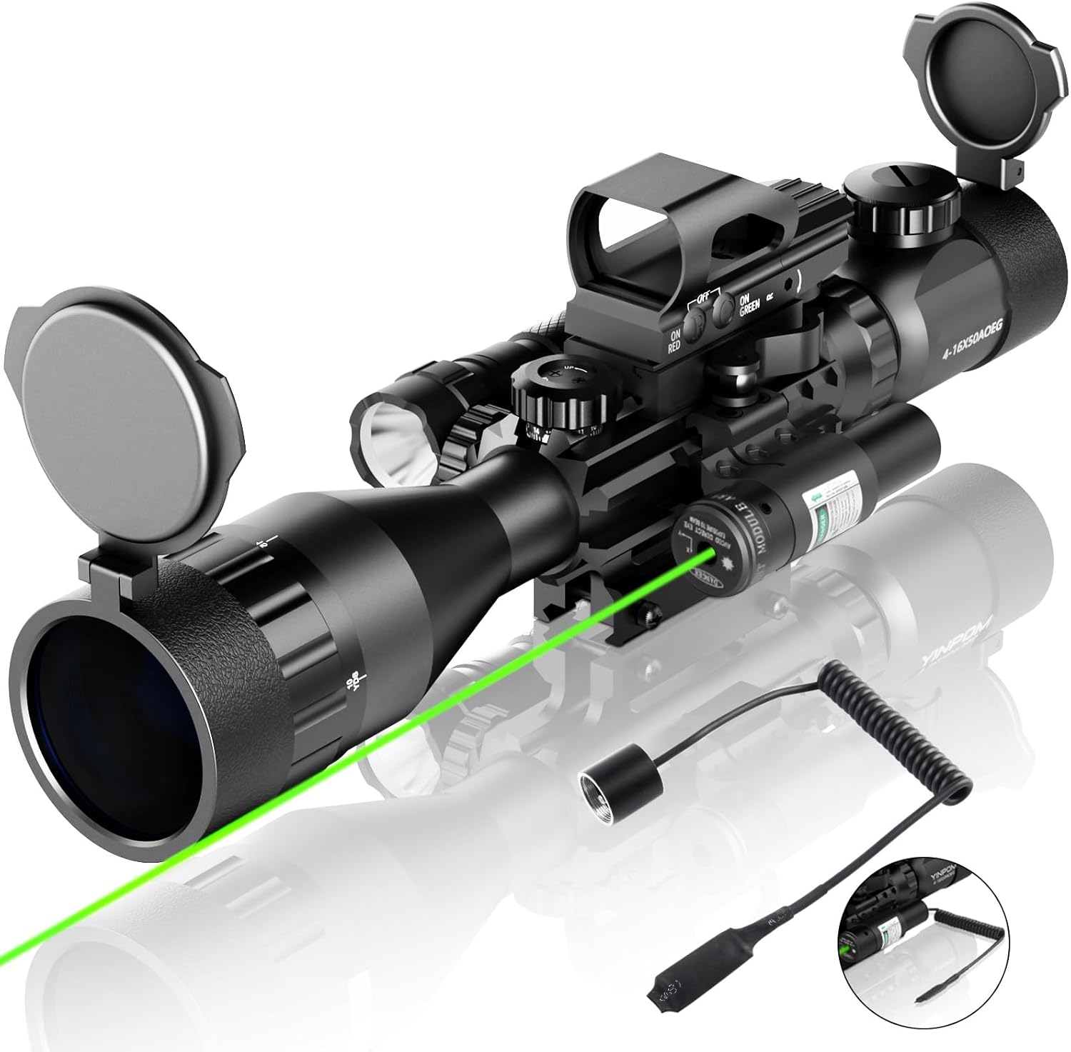 4-16x50 AO Tactical Rifle Scope Hunting Red/Green Dual Illuminated with Red/Green Laser 4 Holographic Reticle Reflex Red Dot Sight and 5 Brightness Modes Flashlight