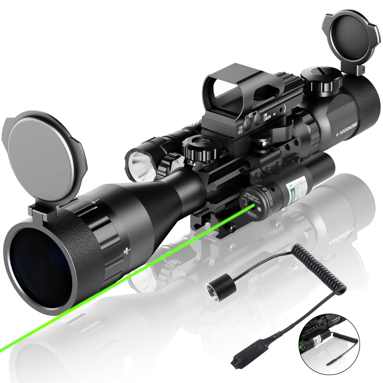4-16x50AO Rifle Scope Combo Red/Green Dual Illuminated with Green Laser 4 Holographic Reticle Red Dot 5Modes Flashlight for Rail Mount