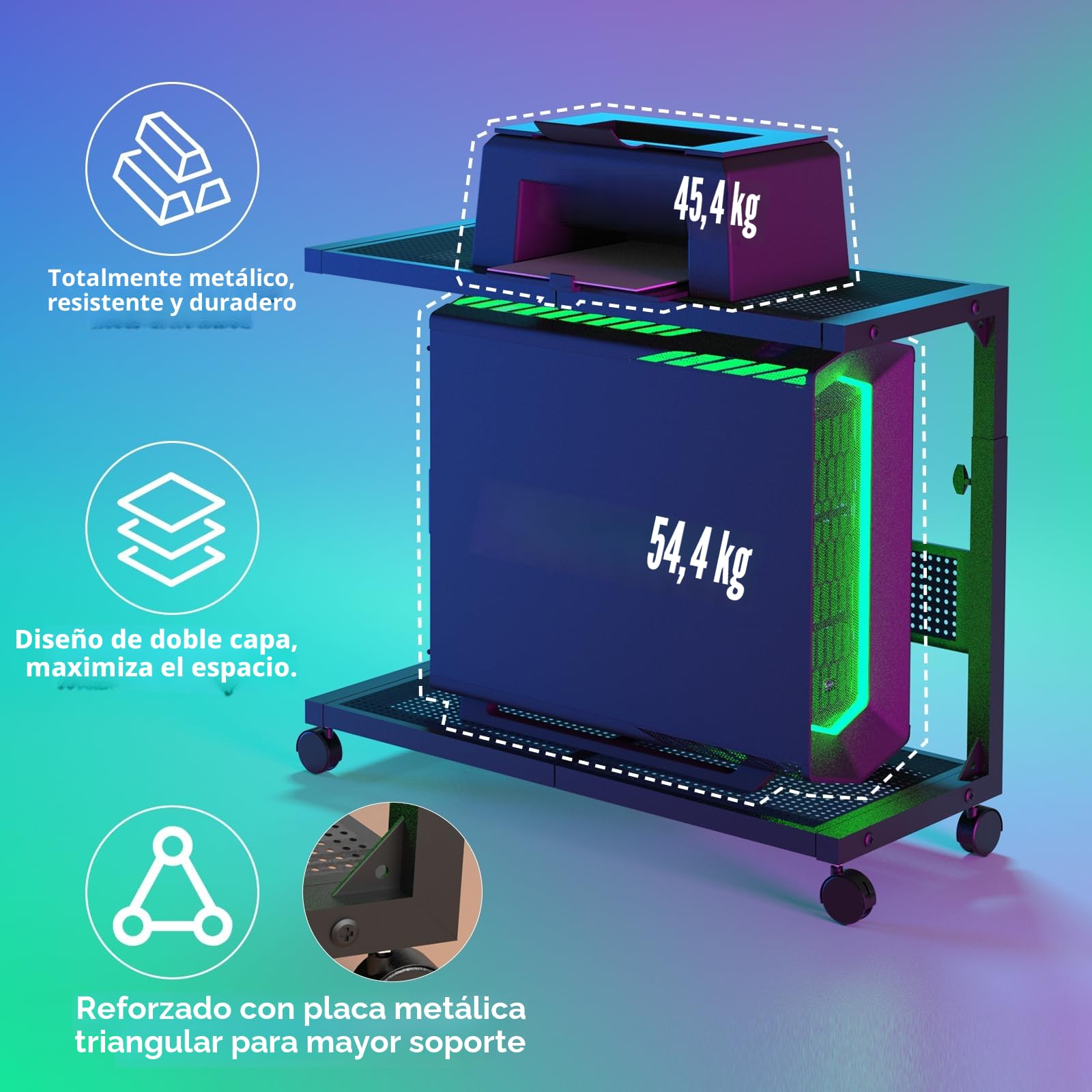 Moricher - Soporte para torre de computadora - Altura ajustable de 2 niveles ATX-Case, soporte para PC, estante para impresora, tablero de clavijas con ruedas giratorias y alfombrilla de ratón para