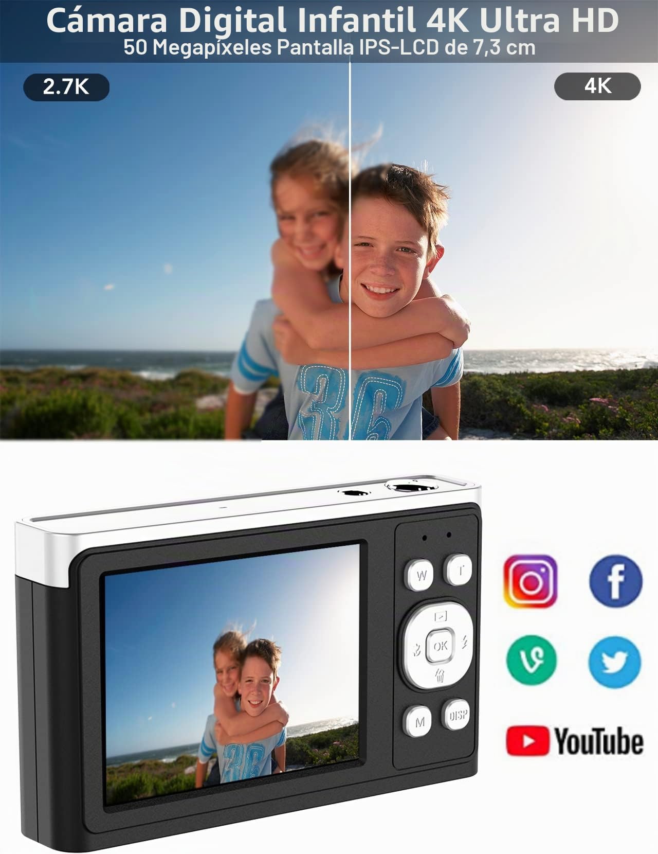 4K Ultra HD Mini Videocámara 50MP 2, 88 Pulgadas LCD Recargable Cámara Compacta Estudiante con Zoom Digital 16x Cámara de Vlogs Youtube para niños, Adultos Principiantes (Negro)