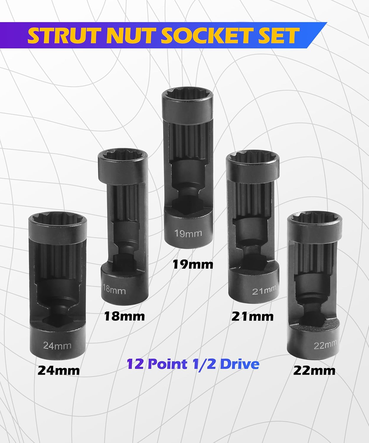 SCUARI 5PCS Strut Nut Socket,18MM 19MM 21MM 22MM 24MM Strut Nut Socket,Car Accessories Strut Sockets,Suspension Strut Sockets Tool with 12 Point 1/2" Drive,Used to Dismounting and Mounting Strut Nuts