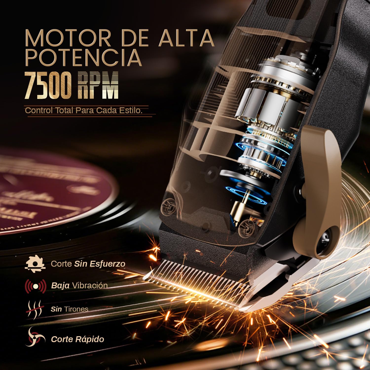 SUPRENT Máquina De Cortar Pelo, Kit Barbero Motor Alta Velocidad 7500 RPM | Inalámbrico, Cuchillas Ajustables, Peines Guía Negros Y Bolsa, Negro Y Dorado