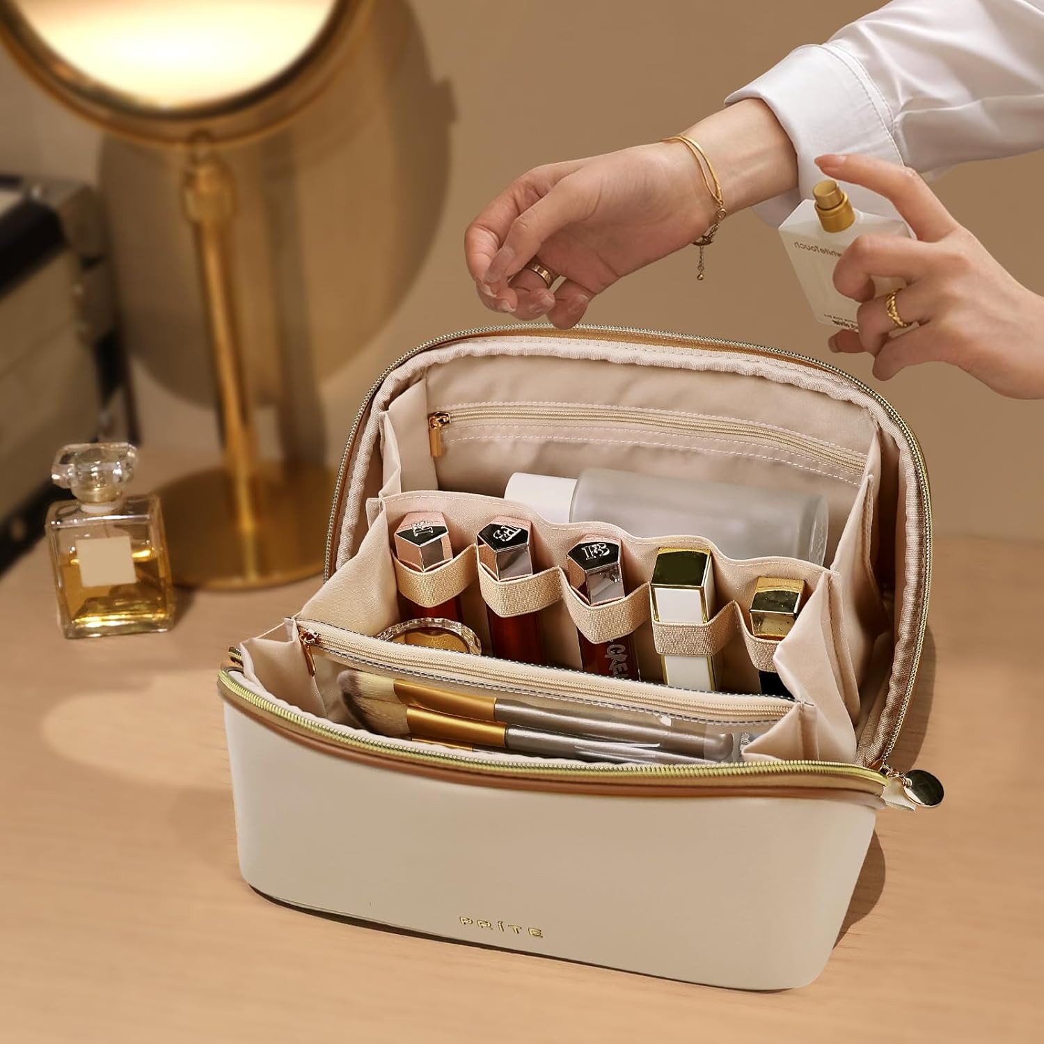 Prite Makeup Bag for Women Travel Waterproof Vegan Leather Cosmetic Bag Open Flat Toiletry Bag With Clear Divider and Handle (Beige, Large Pro)