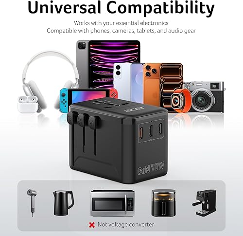 Miniatura 6 de Acer Adaptador de enchufe de viaje universal de 70W GaN - Adaptador de corriente internacional con 3 USB C y 1 USB A, accesorios de viaje para