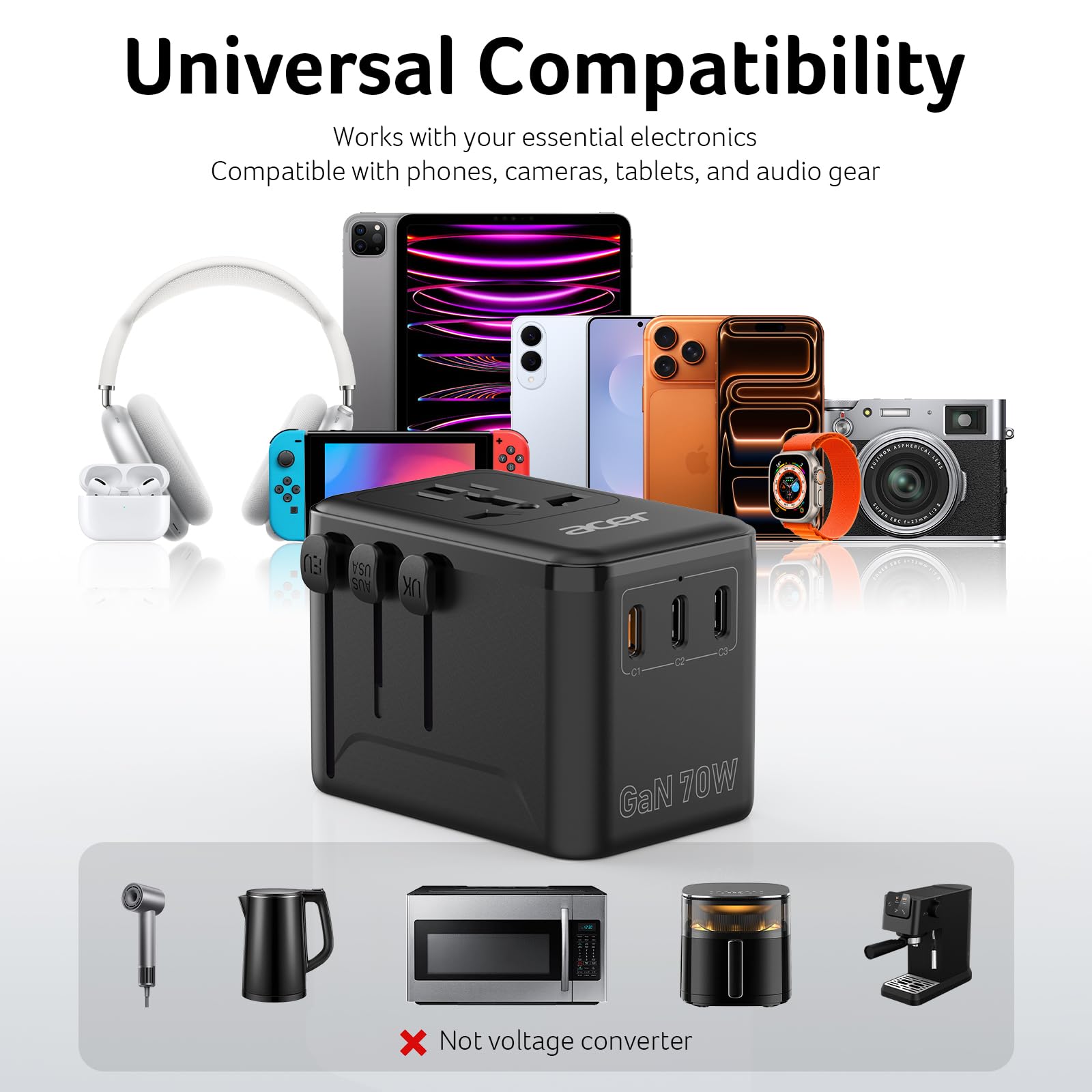 Acer 70W GaN Universal Travel Plug Adapter - International Power Adapter with 3 USB C 1 USB A — view 6